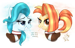 Size: 1400x900 | Tagged: safe, artist:joakaha, imported from derpibooru, lighthoof, shimmy shake, earth pony, pony, 2 4 6 greaaat, dialogue, duo, female, grin, looking at you, mare, simple background, smiling