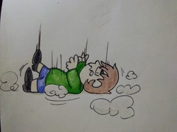 Size: 1227x920 | Tagged: safe, artist:paper view of butts, imported from derpibooru, oc, oc:paper butt, human, boy, clothes, colored, comic, cutie mark, humanized, ink, ink drawing, jacket, male, panel, running, shorts, traditional art, young