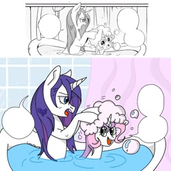 Size: 1080x1080 | Tagged: safe, artist:lowname, imported from derpibooru, rarity, sweetie belle, pony, unicorn, bath, bathtub, female, filly, mare, redraw, siblings, sisters, wet mane