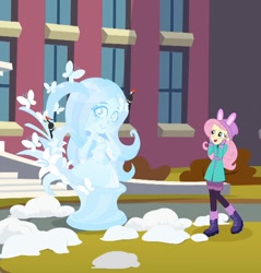 Size: 1032x1080 | Tagged: safe, imported from derpibooru, screencap, fluttershy, bird, butterfly, equestria girls, holidays unwrapped, spoiler:eqg series (season 2), blizzard or bust, blushing, cropped, cute, female, ice sculpture, shyabetes, smiling, snow, winter outfit, woodpecker