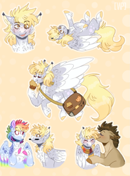 Size: 981x1324 | Tagged: safe, artist:wanderingpegasus, imported from derpibooru, derpy hooves, doctor whooves, rainbow dash, time turner, earth pony, pegasus, pony, abstract background, blushing, chest fluff, clothes, cute, dashabetes, derpabetes, doctorderpy, female, food, happy, mailbag, male, mare, mouth hold, muffin, scarf, shipping, smiling, stallion, straight, tongue out