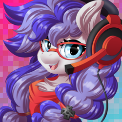 Size: 670x670 | Tagged: safe, artist:ask-colorsound, imported from derpibooru, oc, oc only, oc:cinnabyte, earth pony, pony, adorkable, bandana, chest fluff, cinnabetes, cute, dork, earth pony oc, female, gaming headset, glasses, headset, icon, looking at you, mare, meganekko, open mouth, pigtails, smiling, solo