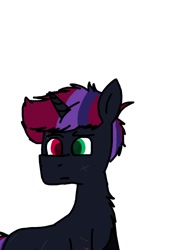 Size: 768x1024 | Tagged: safe, imported from derpibooru, oc, oc only, oc:shadow strike, pony, heterochromia, magical lesbian spawn, magical threesome spawn, offspring, parent:king sombra, parent:tempest shadow, parent:twilight sparkle, scar, simple background, solo, white background