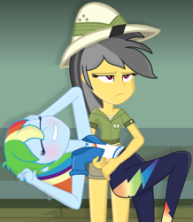 Size: 2959x3391 | Tagged: safe, artist:grapefruitface1, imported from derpibooru, daring do, rainbow dash, daring don't, equestria girls, equestria girls series, base used, blushing, clothes, cute, darin do is not amused, daring do is not amused, duo, duo female, equestria girls interpretation, faint, fainted, female, hat, hoodie, legs, not amused face, pants, pith helmet, scene interpretation, shorts, show accurate, unamused