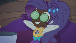 Size: 1920x1080 | Tagged: safe, imported from derpibooru, screencap, rarity, equestria girls, equestria girls series, inclement leather, spoiler:choose your own ending (season 2), spoiler:eqg series (season 2), arm behind back, armpits, cucumber, cucumbers over eyes, female, food, inclement leather: applejack, mud mask, music festival outfit, relaxing, sleeveless, solo