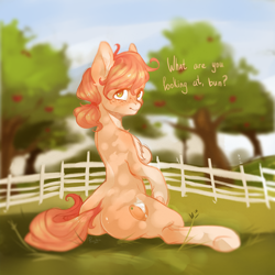 Size: 3000x3000 | Tagged: safe, artist:peachez, imported from derpibooru, oc, oc only, oc:peach bellini, earth pony, pony, butt, femboy, garden, looking at you, looking back, looking back at you, male, peach, peaches, plot, shiny butt, solo, sun, tree