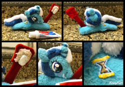 Size: 3264x2279 | Tagged: safe, imported from derpibooru, minuette, pony, unicorn, beanie (plushie), cute, female, irl, mare, minubetes, photo, plushie, smiling, solo, toothbrush, toothpaste