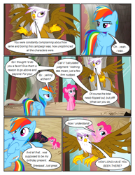Size: 612x792 | Tagged: safe, artist:newbiespud, edit, edited screencap, imported from derpibooru, screencap, gilda, pinkie pie, rainbow dash, griffon, pegasus, pony, comic:friendship is dragons, the lost treasure of griffonstone, angry, comic, dialogue, female, flying, frown, looking back, looking up, mare, pinkie pie riding gilda, ponies riding griffons, riding, screencap comic, shrug, speech bubble, surprised, worried