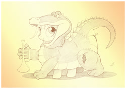 Size: 1073x759 | Tagged: safe, artist:sherwoodwhisper, imported from derpibooru, oc, oc:eri, alligator, mouse, pony, clothes, cosplay, costume, disney, louis, musical instrument, princess and the frog, the princess and the frog, traditional art, trumpet