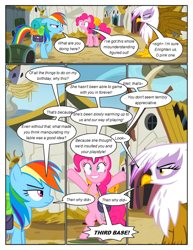 Size: 612x792 | Tagged: safe, artist:newbiespud, edit, edited screencap, imported from derpibooru, screencap, gilda, pinkie pie, rainbow dash, earth pony, pegasus, pony, comic:friendship is dragons, the lost treasure of griffonstone, backpack, bipedal, building, comic, dialogue, eyes closed, female, frown, grin, mare, raised hoof, saddle bag, screencap comic, sleeping bag, smiling, speech bubble