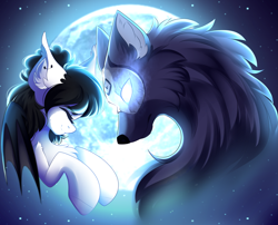 Size: 3641x2937 | Tagged: safe, artist:airiniblock, imported from derpibooru, oc, oc:acarcion, bat pony, pony, wolf, bat pony oc, bat wings, bust, chest fluff, duo, ear fluff, eyes closed, glowing eyes, kindred, league of legends, mask, moon, night, rcf community, stars, wings