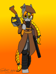 Size: 1920x2560 | Tagged: safe, artist:derpanater, imported from derpibooru, oc, oc only, oc:rook, earth pony, semi-anthro, fallout equestria, armor, braid, braided ponytail, braided tail, clothes, female, gradient background, gun, looking at you, shotgun, weapon