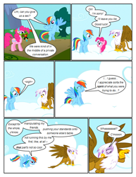 Size: 612x792 | Tagged: safe, artist:newbiespud, edit, edited screencap, imported from derpibooru, screencap, gilda, pinkie pie, rainbow dash, earth pony, griffon, pegasus, pony, comic:friendship is dragons, griffon the brush off, cloud, comic, dialogue, eyes closed, female, flying, grin, groucho mask, looking down, looking up, mare, on a cloud, screencap comic, sigh, smiling, wide eyes