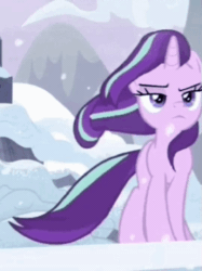 Size: 269x359 | Tagged: safe, artist:lincolnbrewsterfan, edit, editor:nc-tv, imported from derpibooru, screencap, starlight glimmer, pony, unicorn, the ending of the end, animated, badass, cropped, epic, female, frown, gif, lidded eyes, mare, serious, serious face, snow, solo, windswept mane