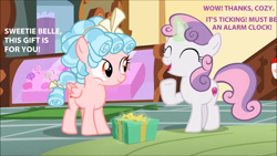 Size: 1280x720 | Tagged: safe, edit, edited screencap, imported from derpibooru, screencap, cozy glow, sweetie belle, pegasus, pony, unicorn, marks for effort, duo, female, filly, foal, imminent explosion, present, pure concentrated unfiltered evil of the utmost potency, pure unfiltered evil, sweetie fail, sweetiedumb, this will end in death, this will not end well, time bomb, too dumb to live