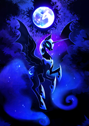 Size: 1240x1754 | Tagged: safe, artist:f-ay, imported from derpibooru, nightmare moon, alicorn, pony, ethereal mane, female, flying, full moon, galaxy mane, hoof shoes, mare, mare in the moon, moon, rearing, solo