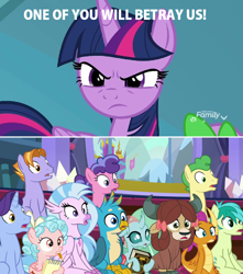 Size: 800x904 | Tagged: safe, edit, edited screencap, imported from derpibooru, screencap, auburn vision, berry blend, berry bliss, cozy glow, gallus, huckleberry, november rain, ocellus, sandbar, silverstream, smolder, twilight sparkle, yona, alicorn, yak, a matter of principals, comic, friendship student, screencap comic, student six, twilight sparkle (alicorn)