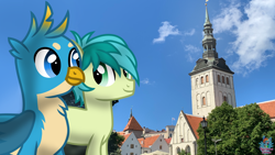 Size: 1920x1080 | Tagged: safe, artist:rainbow eevee, imported from derpibooru, gallus, sandbar, pony, church, cloud, cute, duo, duo male, estonia, flag, gallabetes, irl, looking at each other, male, photo, sky, tallinn, tree, wallpaper