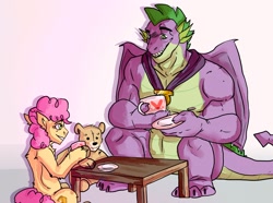 Size: 2560x1907 | Tagged: safe, artist:shepherd228666, imported from derpibooru, li'l cheese, spike, dragon, the last problem, female, filly, food, gigachad spike, male, older, older spike, plushie, smiling, tea, tea party, teddy bear, uncle spike, winged spike, wings