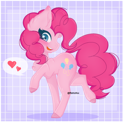 Size: 1080x1068 | Tagged: safe, artist:ramufuu, imported from derpibooru, pinkie pie, earth pony, pony, blushing, chest fluff, colored hooves, cute, diapinkes, ear fluff, female, heart, mare, pictogram, profile, solo, speech bubble