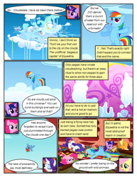 Size: 612x792 | Tagged: safe, artist:newbiespud, edit, edited screencap, imported from derpibooru, screencap, applejack, fluttershy, pinkie pie, rainbow dash, rarity, twilight sparkle, earth pony, pegasus, pony, unicorn, comic:friendship is dragons, book, bookcase, bookshelf, cloud, cloudsdale, comic, dialogue, face down ass up, faceplant, falling, female, filly, filly rainbow dash, flying, freckles, golden oaks library, hat, hot air balloon, mane six, mare, on a cloud, sad, screencap comic, scroll, unicorn twilight, younger