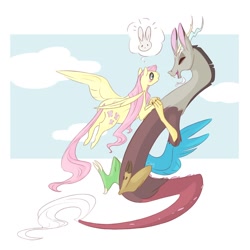 Size: 1200x1200 | Tagged: safe, artist:khilx, imported from derpibooru, discord, fluttershy, blushing, discoshy, duo, female, flying, implied angel bunny, male, shipping, signature, sky, straight, thought bubble