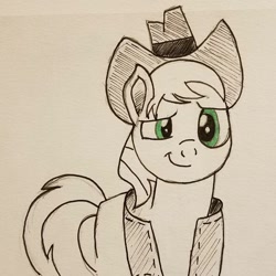 Size: 894x894 | Tagged: safe, artist:polar_storm, imported from derpibooru, braeburn, earth pony, pony, clothes, cowboy hat, green eyes, hat, male, partial color, simple background, sketch, solo, stallion, stetson, traditional art, vest, white background