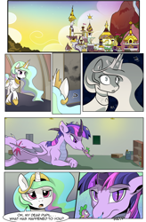 Size: 1800x2740 | Tagged: safe, artist:candyclumsy, imported from derpibooru, princess celestia, spike, twilight sparkle, alicorn, dragon, pony, comic:celestia's cronenberg, canterlot, canterlot castle, comic, commissioner:bigonionbean, dialogue, dragon eyes, dragoness, dragonified, female, hug, jewelry, mama twilight, regalia, shocked, smoke, snorting, species swap, transformation, twilidragon, twilight sparkle (alicorn), writer:bigonionbean