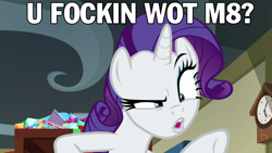 Size: 1920x1080 | Tagged: safe, edit, edited screencap, imported from derpibooru, screencap, rarity, pony, unicorn, dragon dropped, season 9, caption, female, image macro, meme, solo, text, u wot m8, vulgar