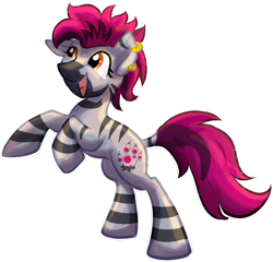 Size: 2734x2627 | Tagged: safe, artist:amura-of-jupiter, artist:tiothebeetle, imported from derpibooru, oc, oc only, oc:zjin-wolfwalker, zebra, series:random gifting is magic, cutie mark, ear piercing, earring, jewelry, mohawk, open mouth, piercing, quadrupedal, rearing, simple background, smiling, stripes, transparent background