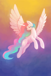 Size: 808x1200 | Tagged: safe, artist:asimos, artist:maytee, imported from derpibooru, princess celestia, alicorn, pony, eyes closed, female, flying, gradient background, mare, solo, spread wings, wings