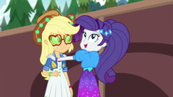 Size: 1920x1080 | Tagged: safe, imported from derpibooru, screencap, applejack, rarity, equestria girls, equestria girls series, festival filters, spoiler:eqg series (season 2), clothes, dress, female, geode of shielding, glasses, hat, magical geodes