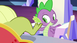 Size: 1280x720 | Tagged: safe, imported from derpibooru, screencap, sludge (dragon), spike, dragon, father knows beast, claws, feet, male, male feet, out of context, sludge (g4), smiling, wiggling toes, winged spike, wings