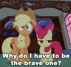 Size: 236x222 | Tagged: safe, edit, edited screencap, imported from derpibooru, screencap, apple bloom, applejack, pony, bridle gossip, apple bloom is not amused, brave, cropped, duo, eyeroll, female, filly, floppy ears, mare, scared, sugarcube corner, unamused