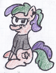 Size: 923x1203 | Tagged: safe, artist:mcfat, imported from derpibooru, oc, oc:fillice, earth pony, pony, clothes, ear piercing, freckles, piercing, scan, shirt, sitting, traditional art