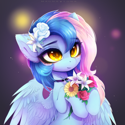 Size: 4380x4381 | Tagged: safe, artist:magnaluna, imported from derpibooru, oc, oc only, oc:chrysocolla dawn, pegasus, pony, abstract background, bouquet, bust, choker, cute, female, flower, flower in hair, hoof hold, mare, ocbetes, portrait, solo, spread wings, three quarter view, wings, yellow eyes