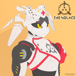 Size: 2400x2400 | Tagged: safe, artist:mopyr, imported from derpibooru, oc, oc only, anthro, cyborg, original species, biomechanoid, black sclera, design, genderless, red cross, science fiction, simple background, solo