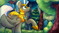 Size: 3840x2160 | Tagged: safe, artist:shibaroll, imported from derpibooru, oc, oc:cloud zapper, pegasus, pony, armor, chest fluff, commission, crepuscular rays, forest, leaves, male, raised hoof, royal guard armor, smiling, solo, stallion, tree, wings, wingsopen