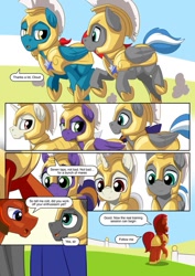 Size: 751x1063 | Tagged: safe, artist:mysticalpha, imported from derpibooru, oc, oc only, oc:captain sunride, oc:cloud zapper, oc:fire breeze, oc:meteor sparkle, oc:silver hoof, pegasus, pony, unicorn, comic:cloud zapper and the helm of chaos, armor, comic, royal guard, royal guard armor