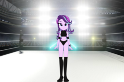 Size: 2800x1863 | Tagged: safe, artist:invisibleink, artist:marcusvanngriffin, edit, imported from derpibooru, starlight glimmer, equestria girls, beanie, belly button, boots, clothes, commission, elbow pads, female, hat, intro, introduction, knee pads, looking at you, midriff, shoes, solo, sports, sports bra, sports panties, spotlight, watch, wrestler, wrestling, wrestling ring
