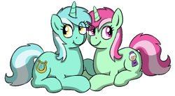 Size: 994x550 | Tagged: safe, artist:heretichesh, imported from derpibooru, lyra heartstrings, minty bubblegum, pony, unicorn, cutie mark, drawthread, duo, eye clipping through hair, female, friendship, mare, siblings, simple background, sisters, sitting, white background