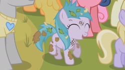 Size: 1524x852 | Tagged: safe, imported from derpibooru, screencap, applejack, aura (character), bon bon, cherry berry, dinky hooves, written script, earth pony, pony, season 2, the mysterious mare do well, aura (g4), aurabetes, clothes, cute, dirty, female, filly, foal, grass, happy, heart, messy mane, mud, muddy, open mouth, raised hoof, shadow, solo focus, tabitha st. germain, you're my hero rainbow dash