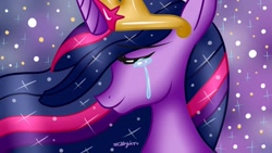 Size: 1280x720 | Tagged: safe, artist:pinkberryprincess, artist:seanekogirl, imported from derpibooru, twilight sparkle, alicorn, pony, the last problem, abstract background, bust, crown, crying, ethereal mane, eyes closed, female, happy, jewelry, mare, princess twilight 2.0, regalia, signature, solo, speedpaint, starry mane, tears of joy, teary eyes, twilight sparkle (alicorn)