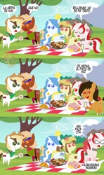Size: 568x960 | Tagged: safe, artist:archooves, imported from derpibooru, oc, oc only, oc:chilenia, oc:nucita, oc:princess argenta, oc:princess peruvia, oc:roasty bean, oc:tailcoatl, pony, alcohol, angry, argentina, chile, colombia, comic, dialogue, empanada, female, food, hat, looking at each other, mare, mexico, nation ponies, open mouth, peru, pisco, pointy ponies, ponified, spanish, speech bubble, taco, venezuela, watermark