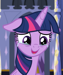 Size: 545x649 | Tagged: safe, imported from derpibooru, screencap, twilight sparkle, alicorn, pony, the last problem, cropped, crying, female, mare, open mouth, sad smile, smiling, solo, tears of joy, twilight sparkle (alicorn), twilight's castle