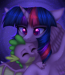 Size: 1587x1812 | Tagged: safe, artist:avrameow, imported from derpibooru, spike, twilight sparkle, alicorn, dragon, pony, cute, eyes closed, female, heart eyes, hug, male, mare, smiling, spikabetes, spikelove, twilight sparkle (alicorn), wingding eyes, winged spike, wings