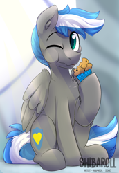 Size: 2160x3137 | Tagged: safe, artist:shibaroll, imported from derpibooru, oc, oc only, oc:cloud zapper, pegasus, pony, commission, eating, food, interior, male, muffin, one eye closed, solo, stallion, wings