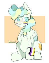 Size: 794x1007 | Tagged: safe, artist:occultusion, artist:onionpwder, imported from derpibooru, vapor trail, pegasus, pony, cute, face paint, flag, gender headcanon, hoof hold, lgbt headcanon, nonbinary, nonbinary pride flag, pride, pride flag, raised hoof, sitting, solo