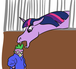 Size: 660x607 | Tagged: safe, artist:jargon scott, imported from derpibooru, spike, twilight sparkle, dragon, horse, pony, unicorn, clothes, coat, faic, hoers, horses doing horse things, imminent pain, open mouth, ponified, ponified animal photo, this will end in pain, this will end in tears