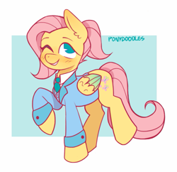 Size: 865x838 | Tagged: safe, artist:occultusion, artist:onionpwder, imported from derpibooru, fluttershy, pegasus, pony, alternate hairstyle, blazer, blushing, clothes, cute, fancy, female, mare, necktie, one eye closed, ponytail, raised hoof, raised leg, shyabetes, solo, suit, three piece suit, wink